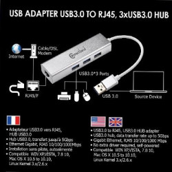 Adaptateur USB3 vers RJ45 GbE +HUB 3p USB3.0 ALU | ECP Grossiste informatique