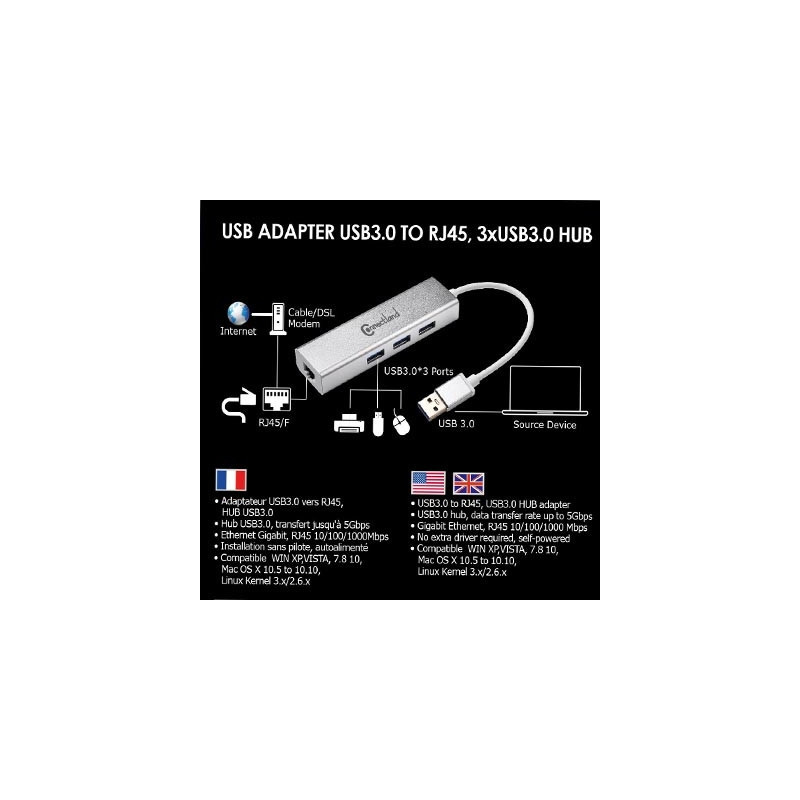 Adaptateur USB3 vers RJ45 GbE +HUB 3p USB3.0 ALU | ECP Grossiste informatique